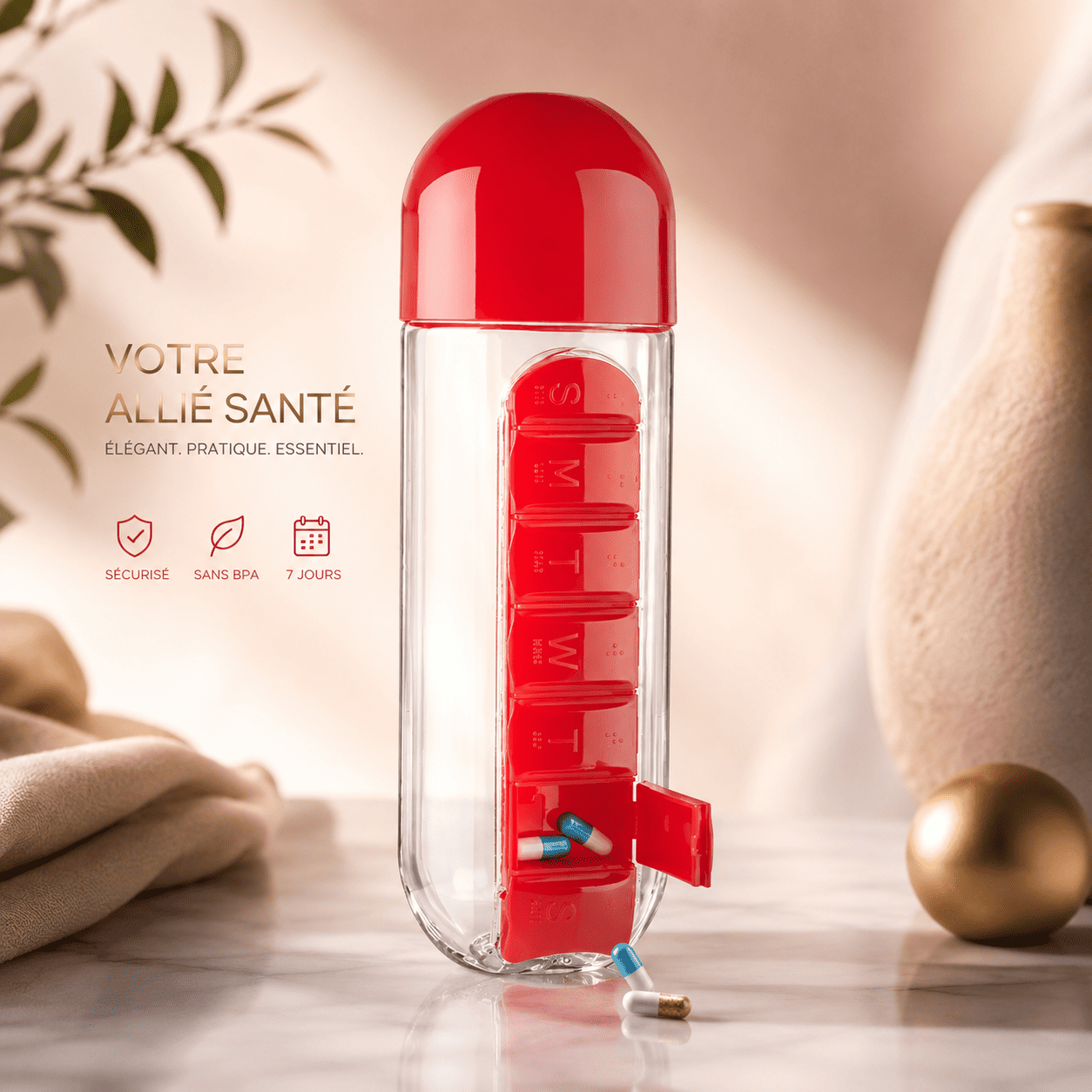 Bouteille Pilulier — Ton eau et tes pilules, toujours avec toi